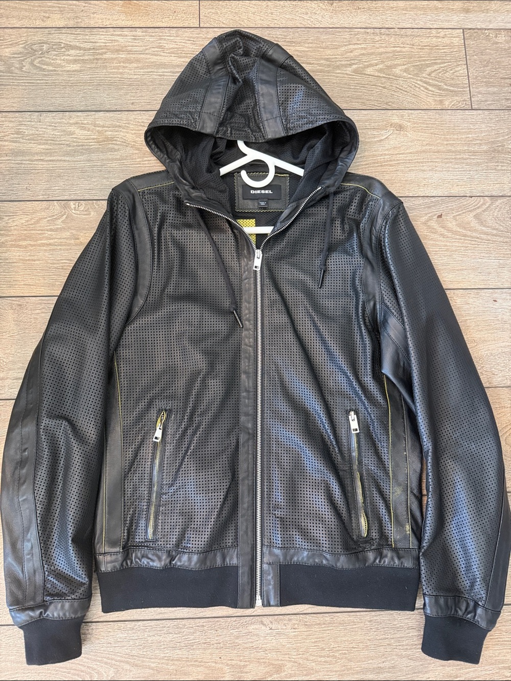 Diesel Black Perforated Sheepskin Leather Hooded Jacket with Yellow GOOD
